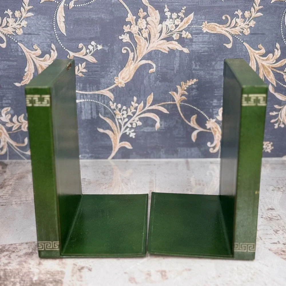 Vintage Green Bookends Faux Leather Greek Key Decor Set of 2